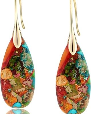 Natural Healing Stone Fishhoop Dangle Drop Earrings Statement Gold silver earrings
