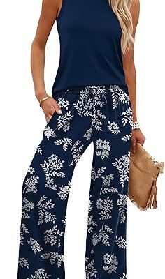 WIHOLL Two Piece Set for Women Summer Spring Outfits Cruise Travel Airport Beach Vacation Mock Neck Wide Leg Pants Set